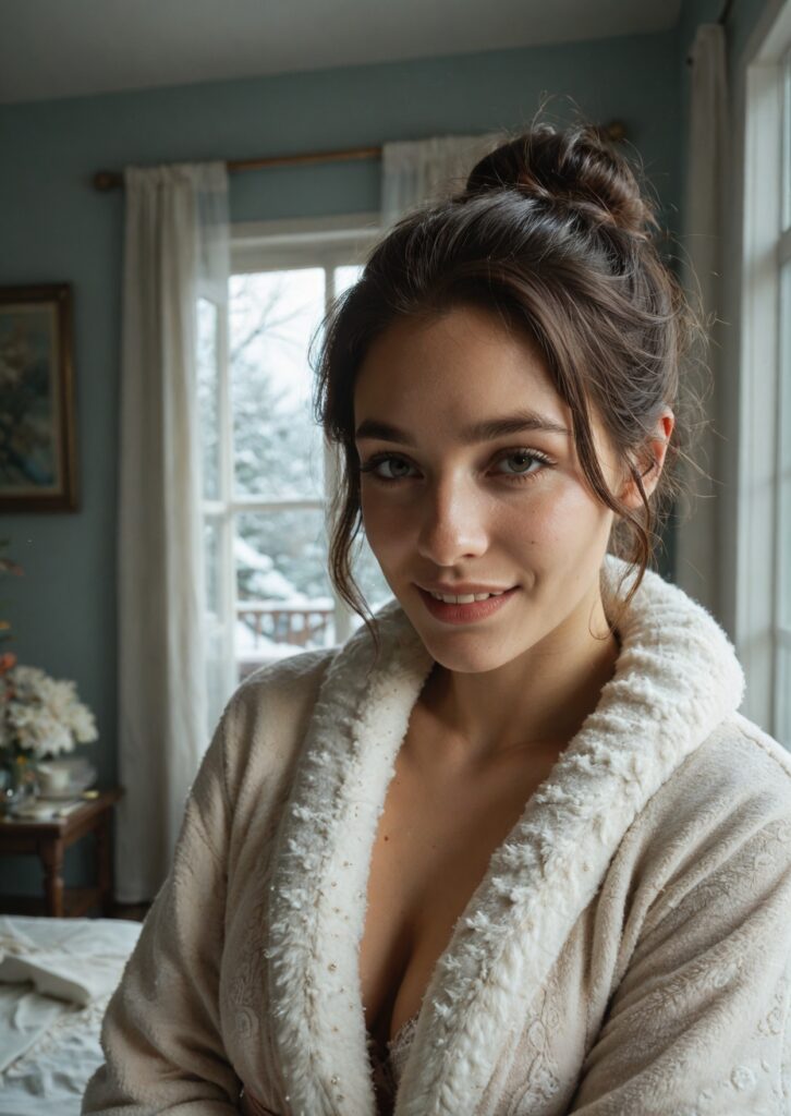 Portrait of a woman wearing layered winter lingerie and a cozy robe in a softly lit room, embodying Pacific Northwest winter style and feminine confidence, with eyes open and a gentle smile