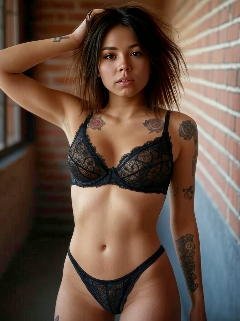 A young woman with a rebellious vibe, identified as Roxie, a 19-year-old beauty school dropout, poses confidently in a gritty loft with exposed brick walls. She wears a black lace bra and matching high-cut panties, showcasing visible tattoos including a rose on her shoulder and a lightning bolt on her wrist. Her tousled hair falls naturally as she leans against the wall with one hand raised, exuding a bold and effortless attitude under soft lighting.