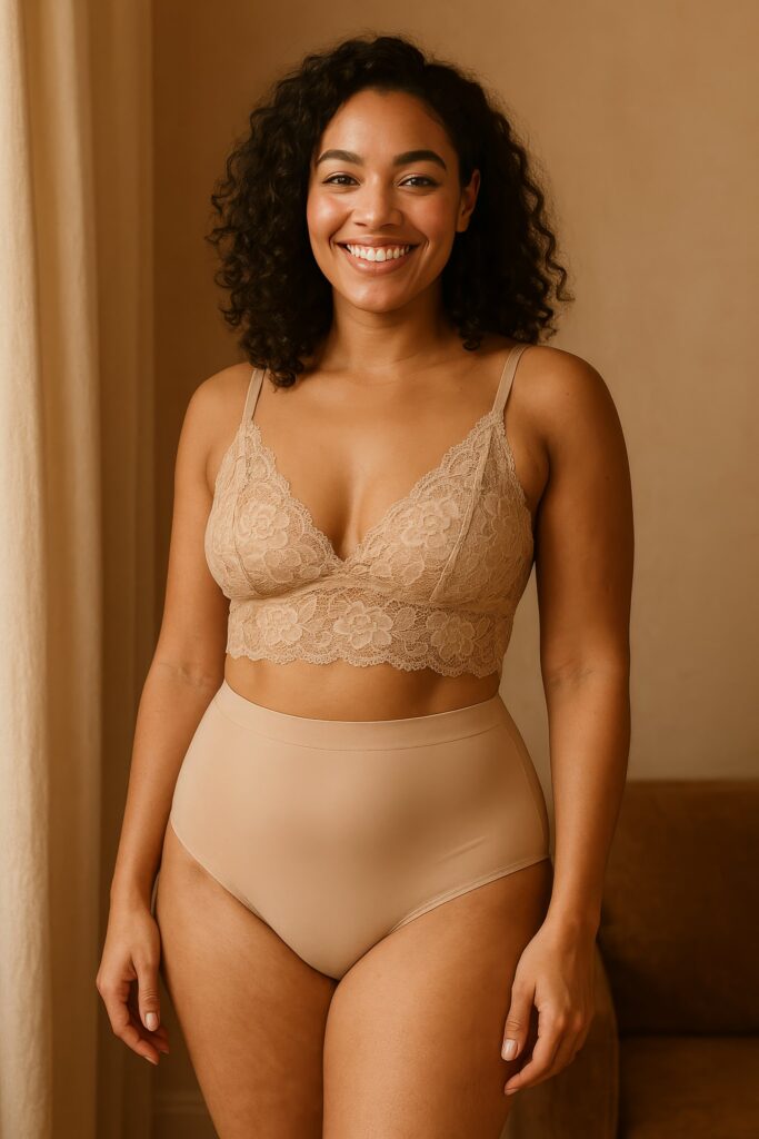 A confident woman stands in a softly lit, warm-toned room wearing a delicate lace bralette and high-waist briefs. She appears relaxed and empowered, with a gentle smile and natural pose that highlights comfort and self-assurance. The setting evokes a cozy, inviting atmosphere, emphasizing feminine confidence and the beauty of self-expression through lingerie.
